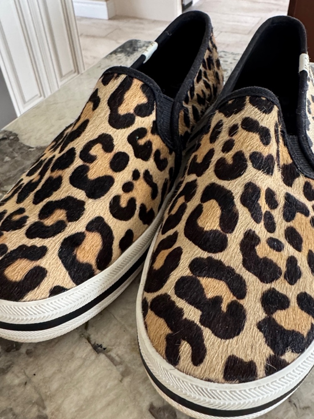 Leopard Print Slip-On Sneakers in Tan and Black